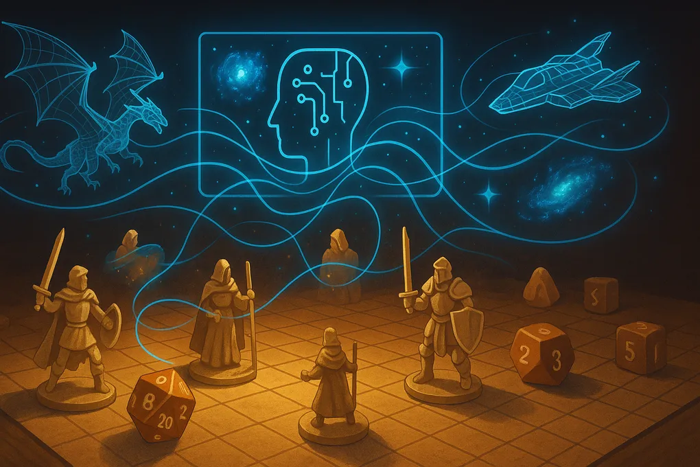 Tabletop game board viewed from above with miniature figures and dice, where the dungeon master screen is replaced by a glowing AI interface with holographic narrative threads