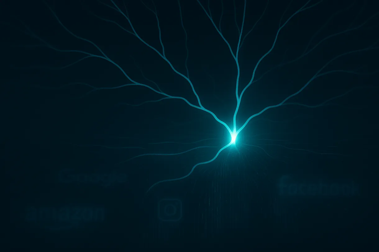 Abstract illustration of AI search signals flowing through a digital landscape