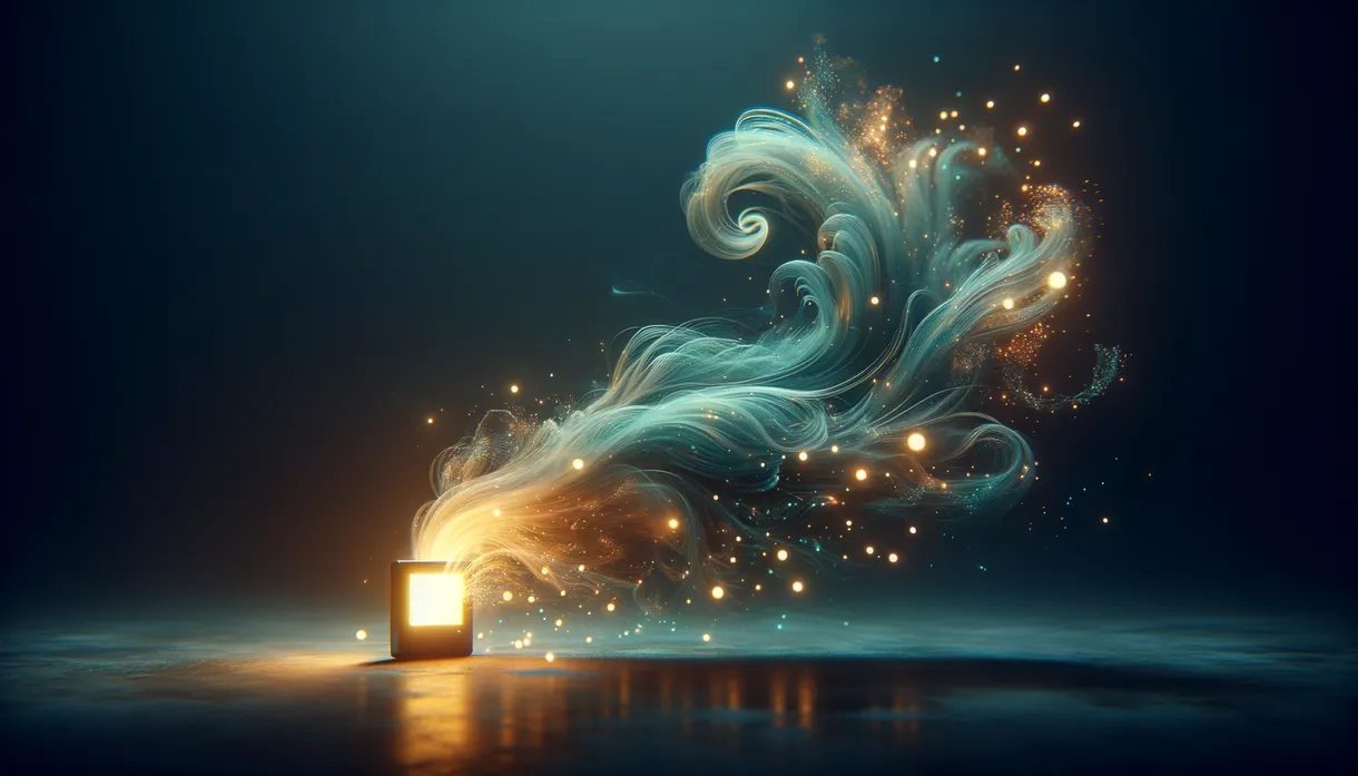 Abstract digital art: a gentle wind (zephyr) visualized as flowing luminous particles swirling around a small glowing terminal screen in a dark room. Minimal, moody, dark background with soft teal and warm gold tones. Evokes the feeling of something calm but powerful waking up.