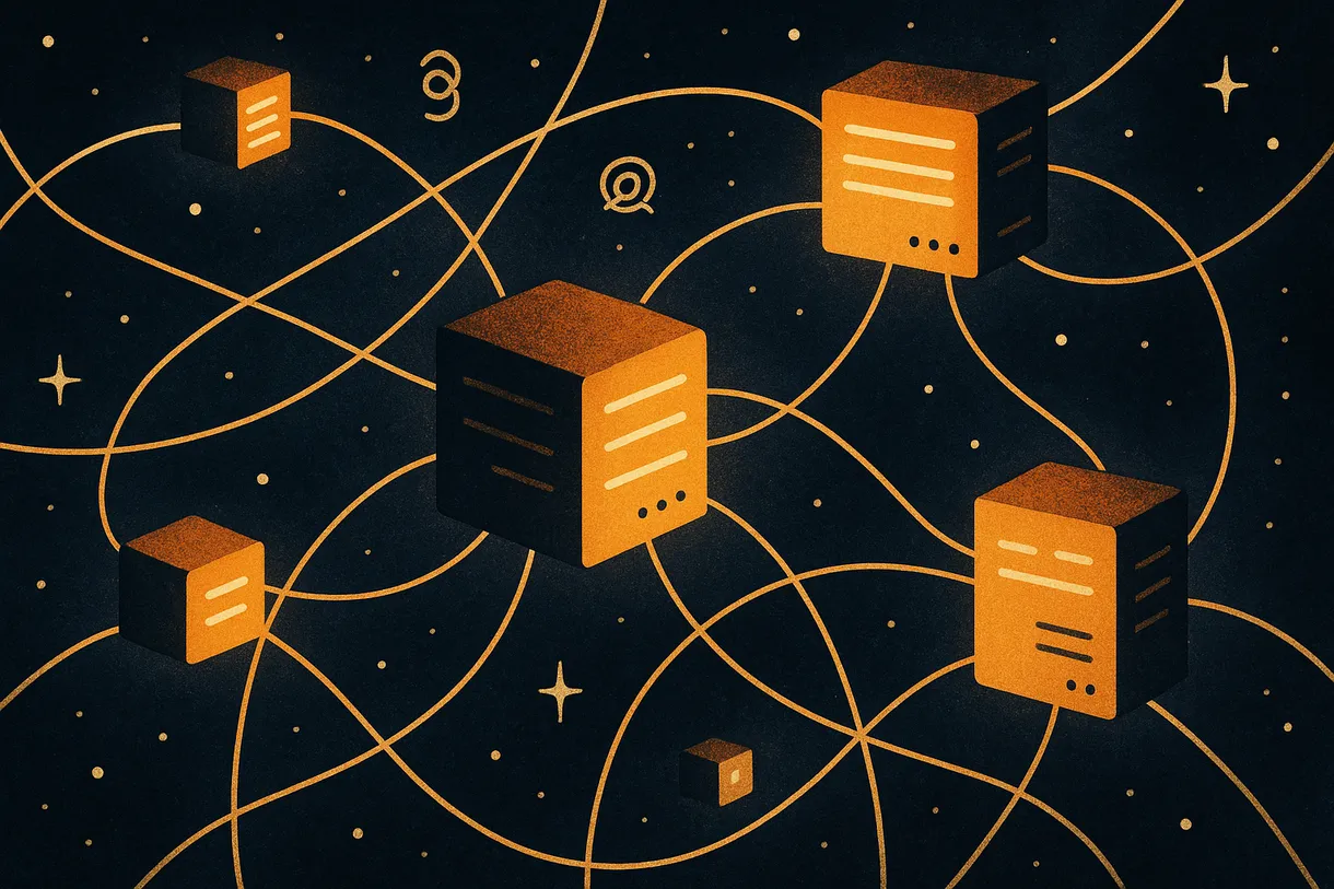 Abstract illustration of sovereign personal infrastructure, glowing self-hosted nodes in a dark cosmos connected by AT Protocol threads