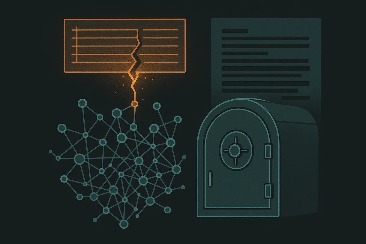 Editorial illustration of a cracked ROI ledger line bleeding into a tangled software dependency graph, with a containment vault and a redacted federal document layered behind it