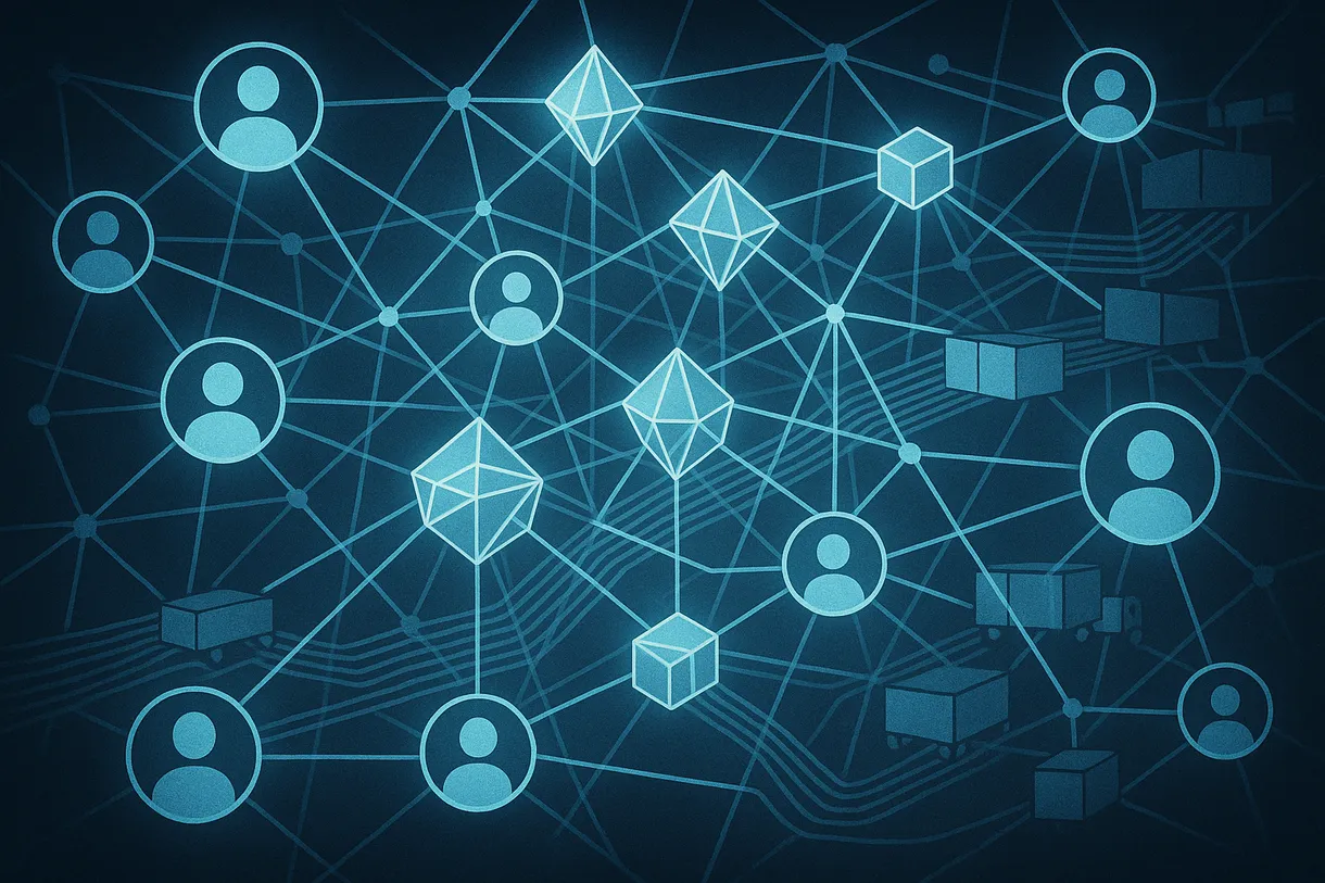 Abstract illustration of distributed trust infrastructure, crystalline lattice of interconnected identity nodes and supply chain threads