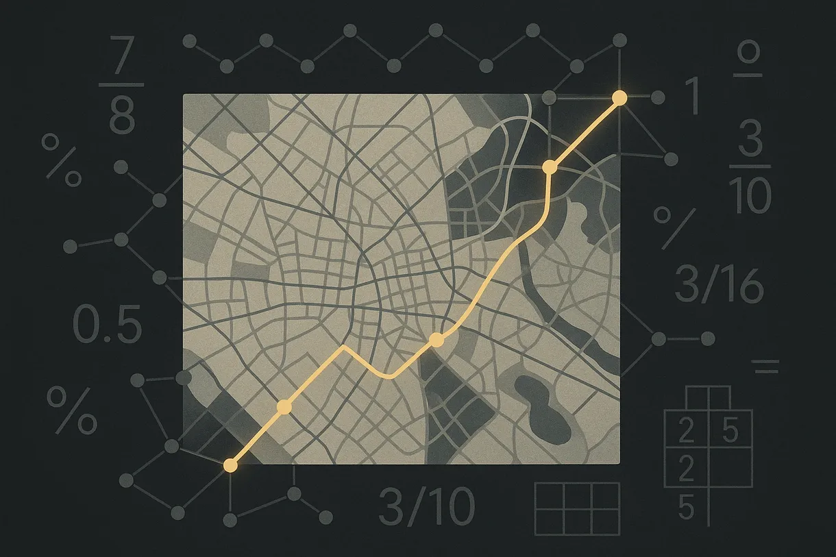 Editorial illustration of a route highlighted through a knowledge graph, overlaid on a map of math symbols and assessment blocks.