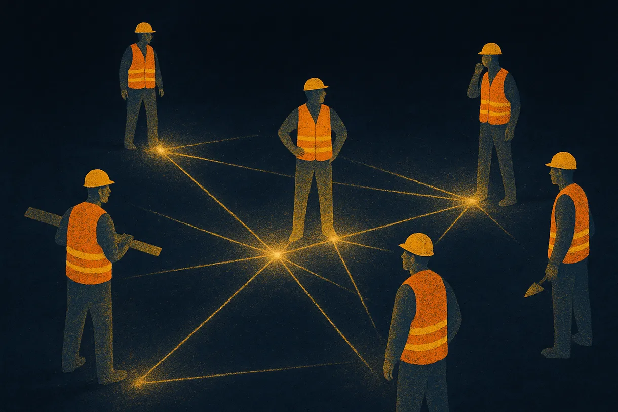 Abstract illustration of scattered builders in dark space slowly recognizing each other, threads of light forming an emergent network from solitude