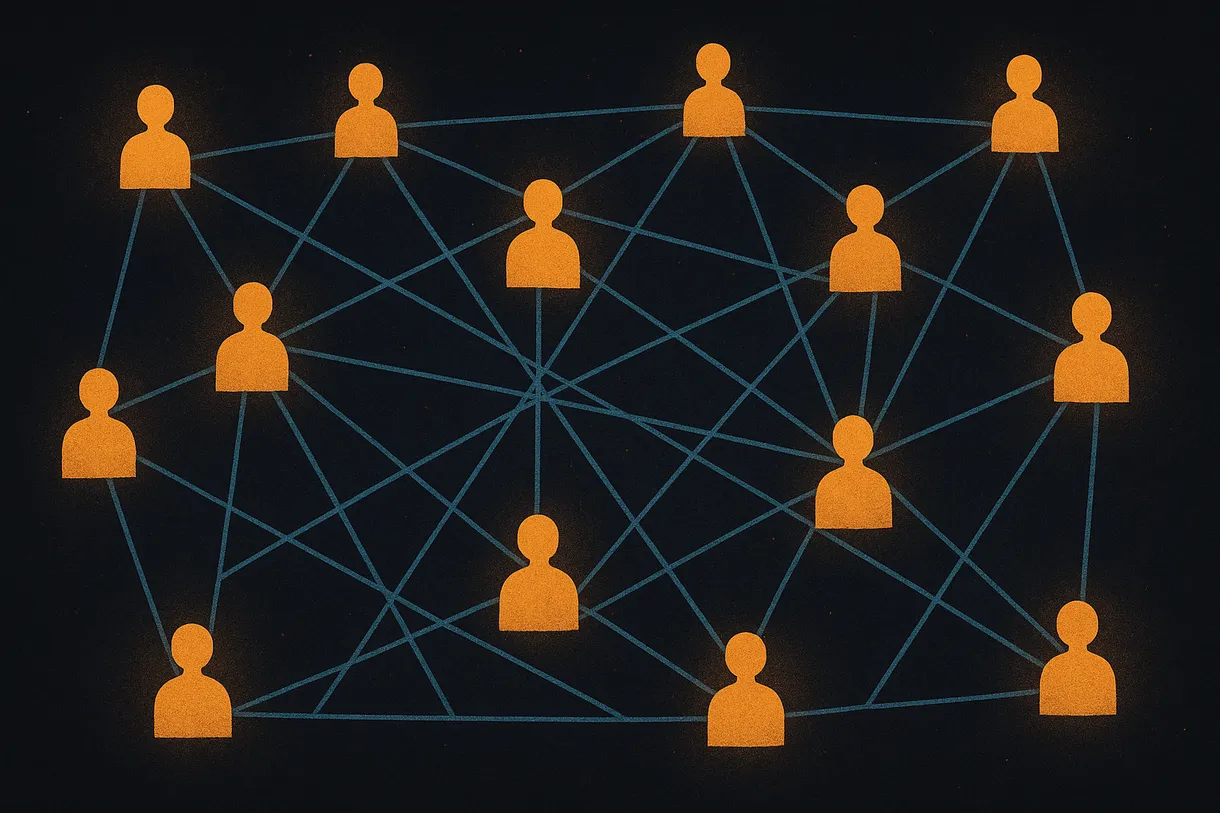 Abstract illustration of a decentralized worker collective as a living constellation, governance threads connecting equal nodes with no central hub