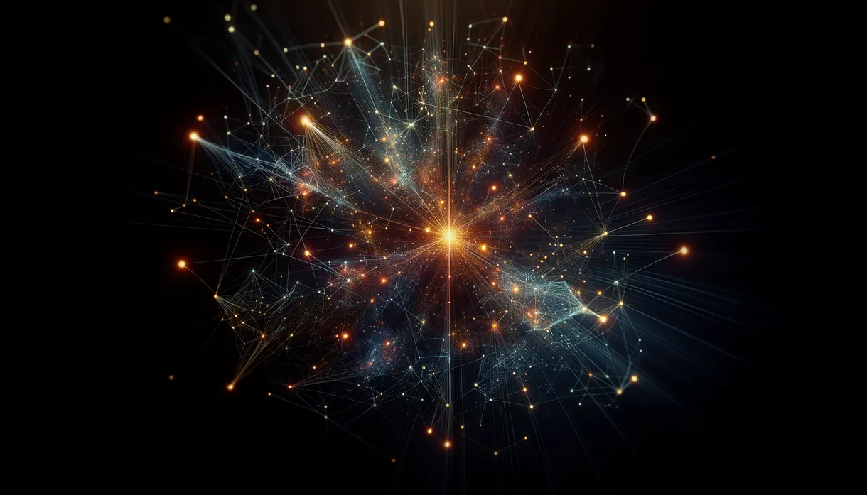 Abstract digital art: a single glowing node connected by thin luminous threads to a vast dark network of faint points, symbolizing one agent inside a massive AI ecosystem. Minimal, dark background, subtle blue and amber tones.