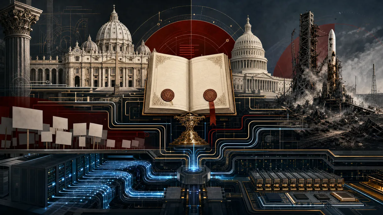 Editorial illustration layering Vatican architecture, data center photonics, union picket signs, a state capitol dome, and a smoldering rocket pad into one operational diagram