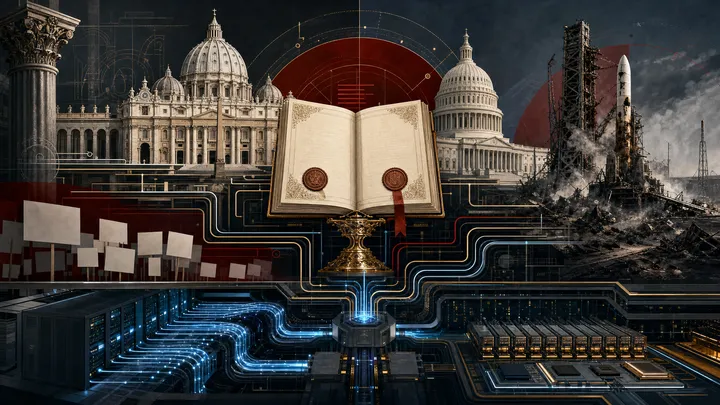 Editorial illustration layering Vatican architecture, data center photonics, union picket signs, a state capitol dome, and a smoldering rocket pad into one operational diagram