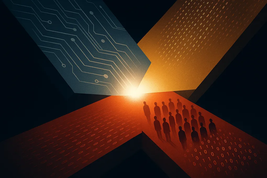 Abstract illustration of massive technological and financial forces converging on small human figures — representing AI, capital, and state power colliding with labor