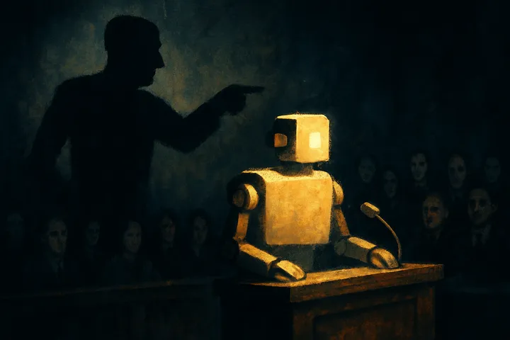 A machine at a witness podium whose wall-cast shadow contradicts the story it is telling.