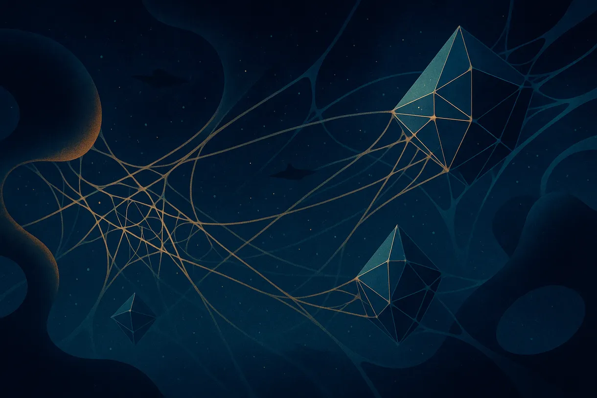Abstract cosmic illustration of neural networks connecting organic and geometric forms against deep space, threads of light forming ship-like silhouettes