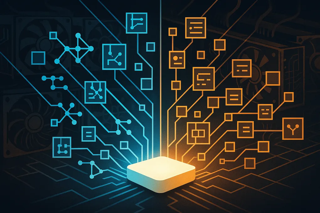 Abstract illustration of a glowing computer node emitting streams of structured knowledge graphs, contrasted against faded GPU mining rigs in the background