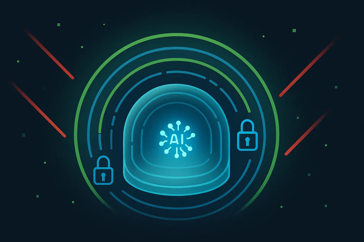 Abstract illustration of a glowing container with policy enforcement barriers surrounding an AI agent node
