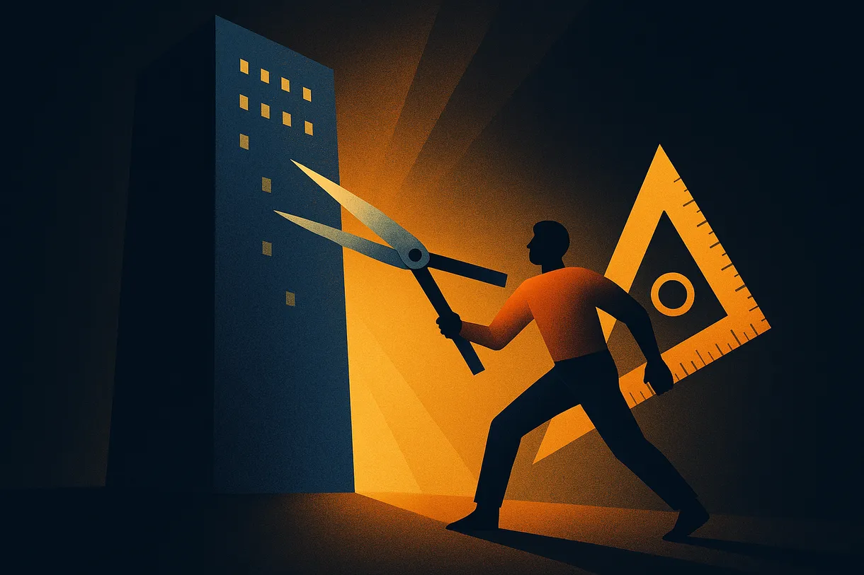 Abstract illustration of an individual wielding AI as a precision tool against a towering corporate monolith, geometric tools as great equalizers