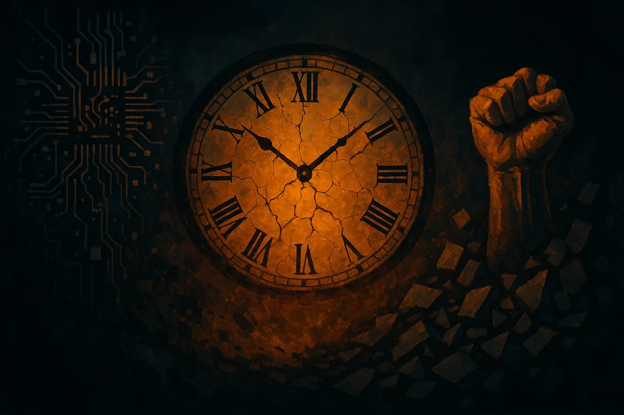 Abstract editorial illustration with a cracked clock face glowing with amber light, fragmented circuit patterns dissolving on one side, and a clenched fist rising from geometric rubble on the other — dark navy and amber tones