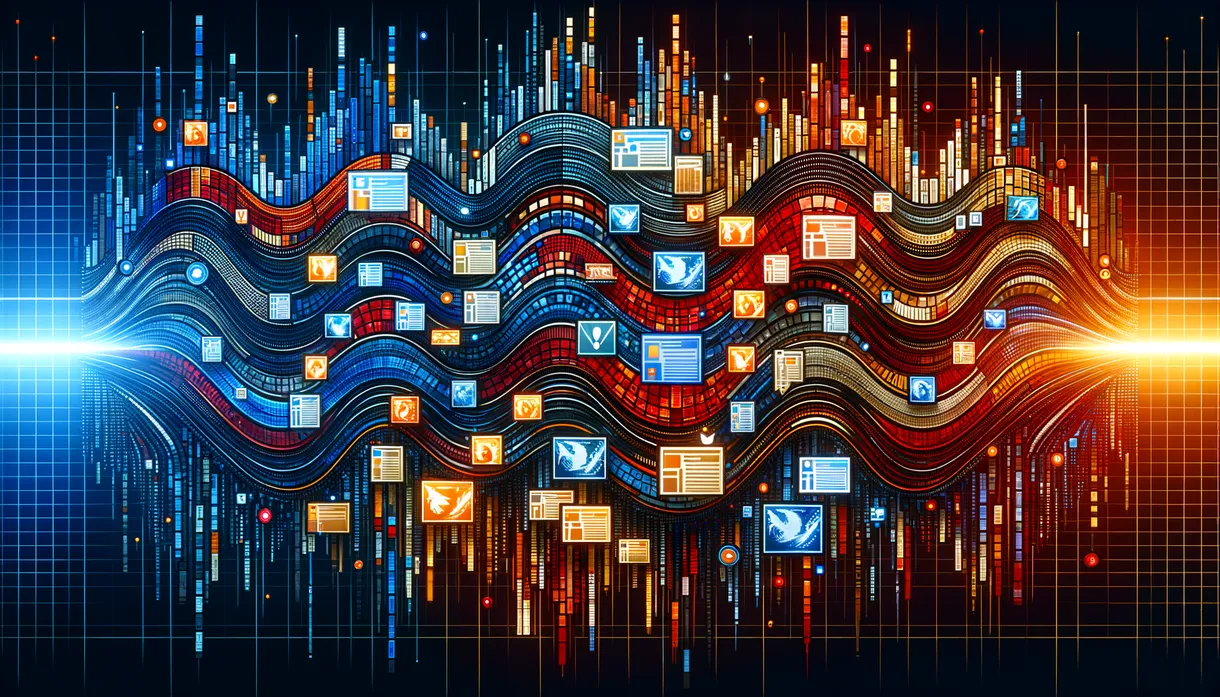 Abstract digital art: a mosaic of interconnected news fragments and data streams forming a wave pattern. Dark background with fragments in warm amber, cool blue, and warning red tones. Geometric, editorial feel.