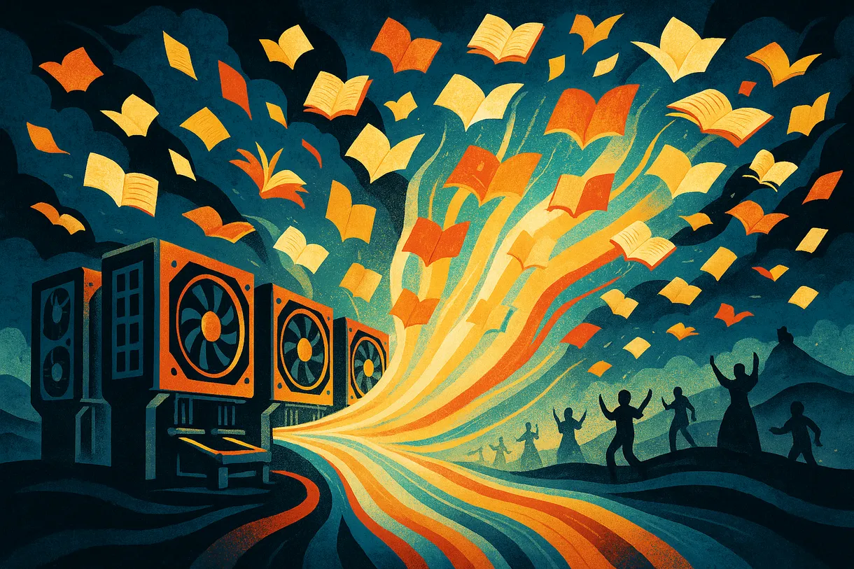 Abstract illustration of GPU arrays as printing presses igniting a cultural explosion, open-source AI releasing light across a dark landscape