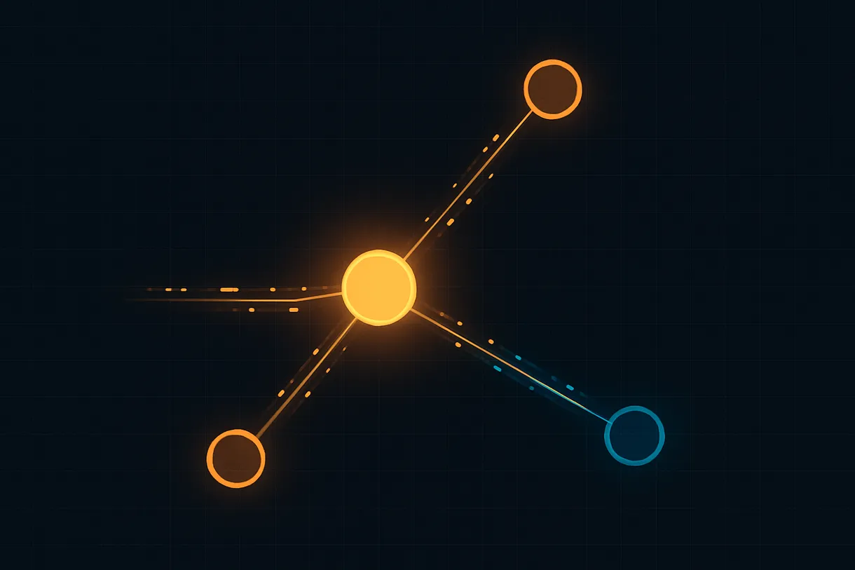 Abstract network diagram showing a central hub connected to satellite nodes by thin luminous lines against a dark background, representing a fleet message bus architecture
