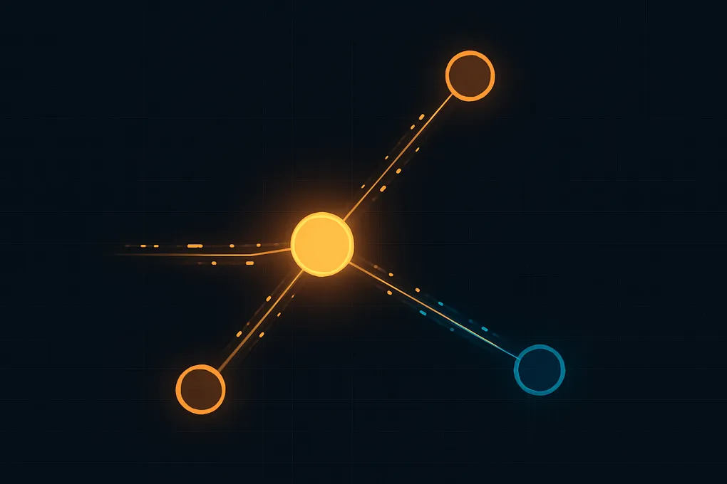 Abstract network diagram showing a central hub connected to satellite nodes by thin luminous lines against a dark background, representing a fleet message bus architecture