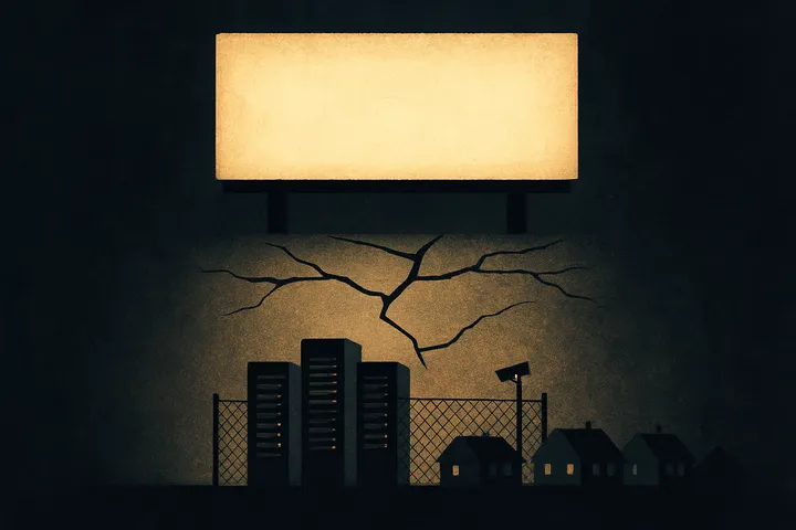 Editorial illustration of a billboard reading SAFE SECURE EFFICIENT casting a cracked shadow over a server farm, a chain-link fence, and a row of small houses beneath it