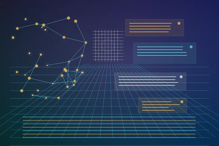 Abstract editorial illustration of glowing control panels, software dependency graphs, rail signals, medical policy documents, semiconductor workers, and energy infrastructure layered into one operational map