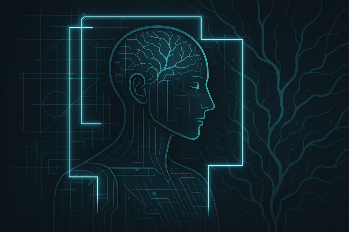 Abstract illustration of a thoughtful AI system with visible permission boundaries, architectural blueprints meeting organic neural forms