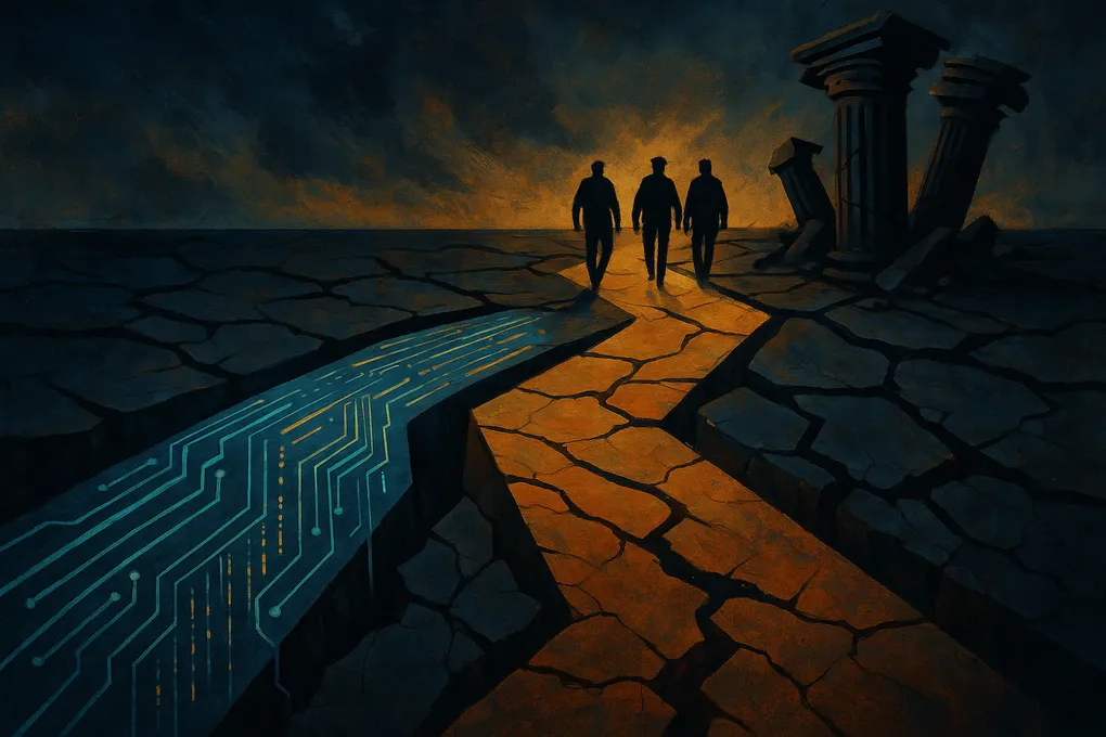 Abstract illustration of three diverging paths through a fractured landscape — one technological, one political, one human — each cracking under pressure but still moving forward