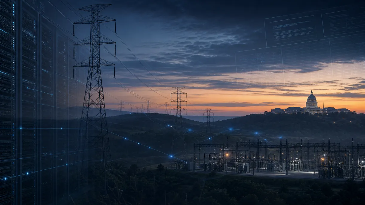 Editorial illustration of Virginia data-center infrastructure merging with electric transmission lines, a state capitol silhouette, and tax ledger motifs