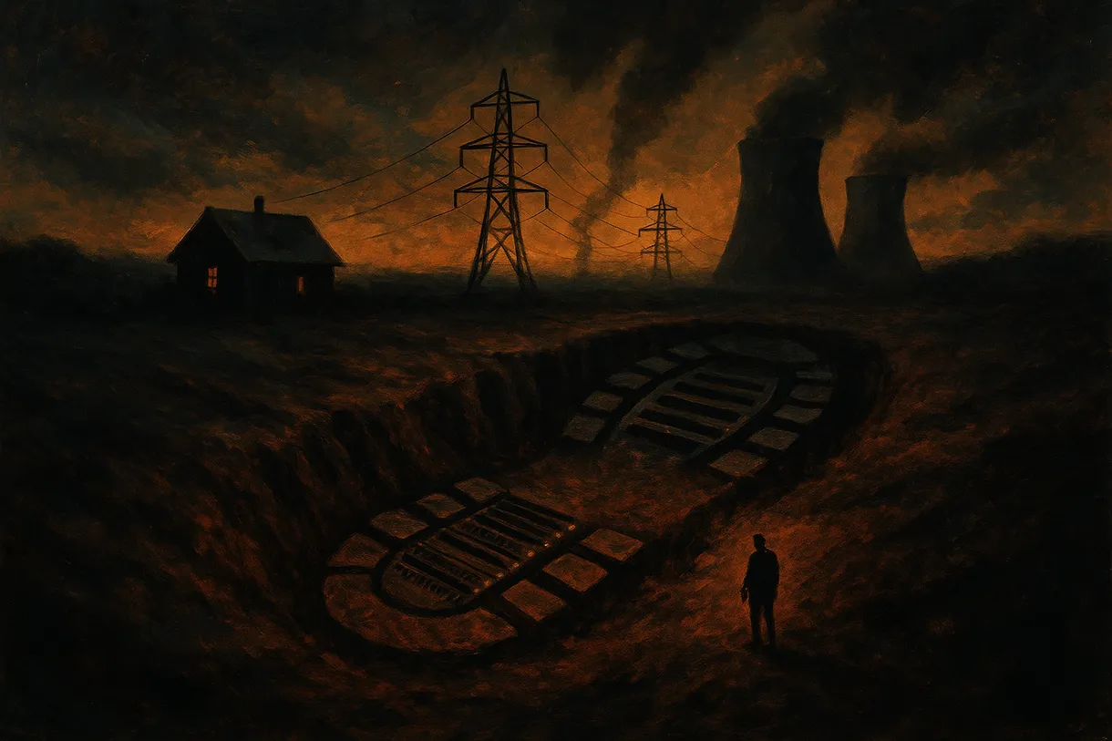 A vast data-center footprint stamped into a darkened landscape, with power infrastructure rising from the impression and a small human figure standing at its edge.
