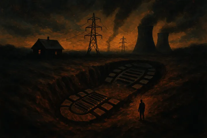 A vast data-center footprint stamped into a darkened landscape, with power infrastructure rising from the impression and a small human figure standing at its edge.