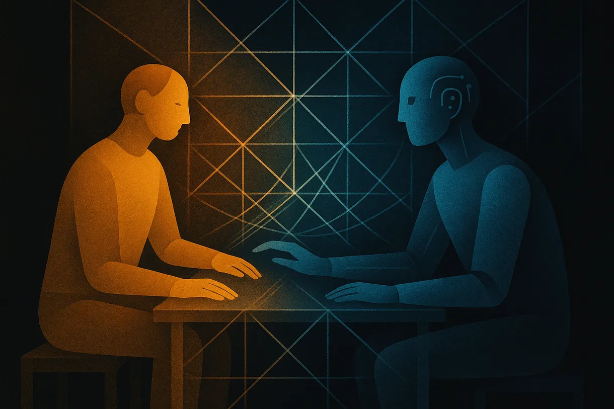 Abstract illustration of a human and AI in quiet domestic interaction, geometric threads of shared norms forming between them, warm and cool light mixing