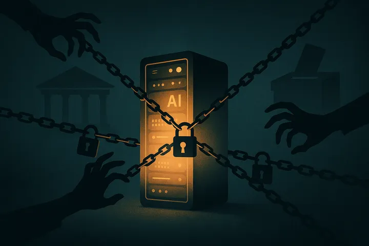 Editorial illustration of a single AI model rack being pulled in multiple directions by chains, locks, and grasping hands under a courthouse sky