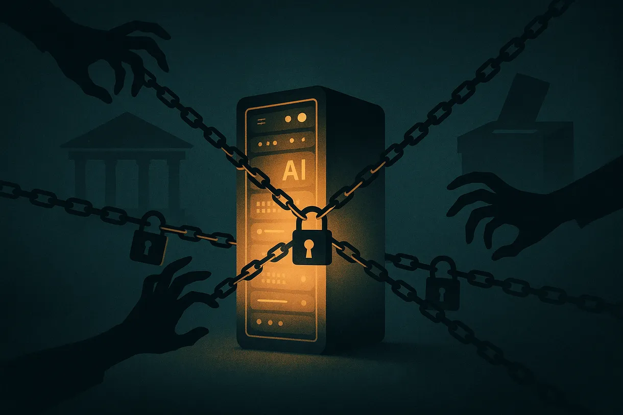 Editorial illustration of a single AI model rack being pulled in multiple directions by chains, locks, and grasping hands under a courthouse sky