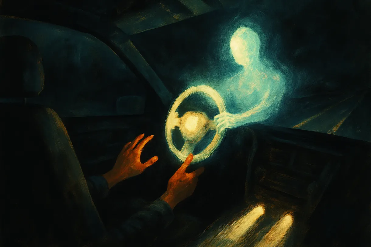 An empty drivers seat as a human hand lets go of a glowing steering wheel that an autonomous presence has taken over.