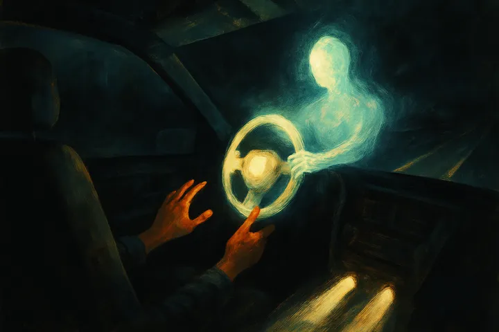 An empty drivers seat as a human hand lets go of a glowing steering wheel that an autonomous presence has taken over.