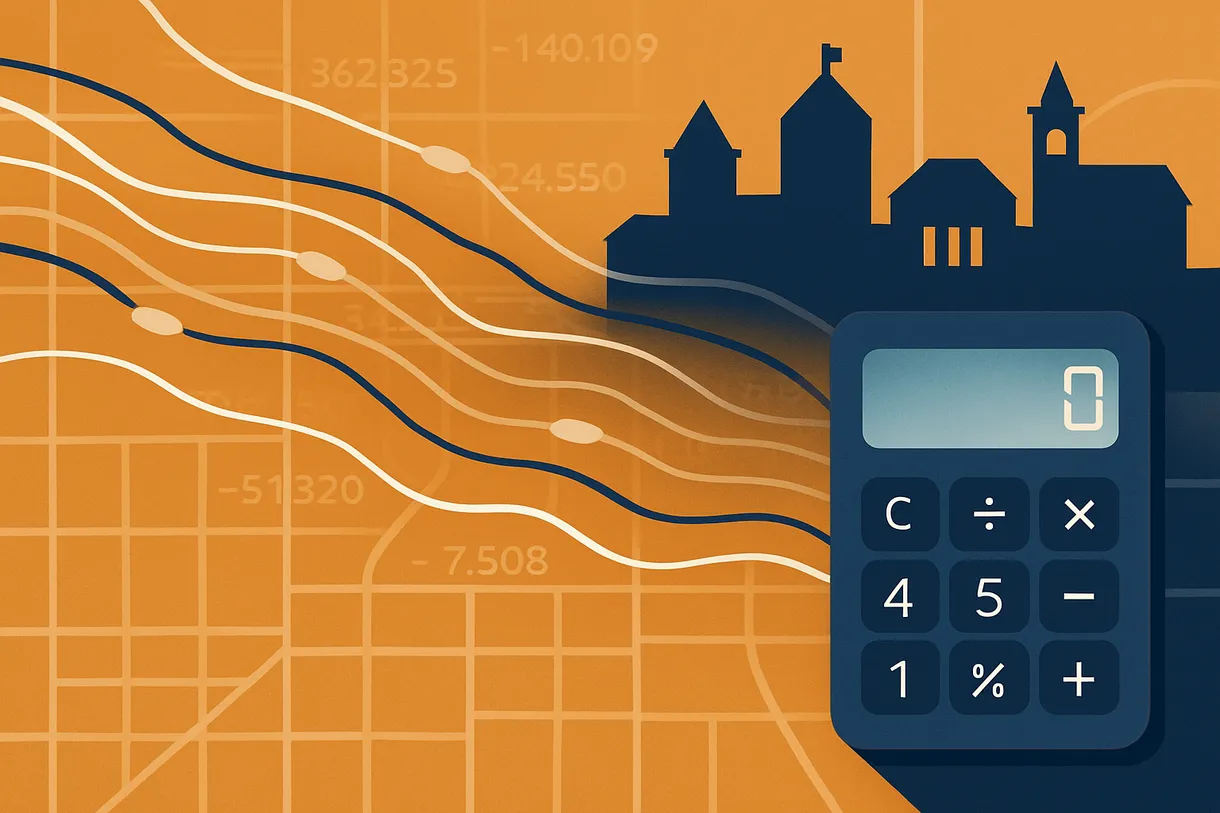 Abstract data visualization of a city grid overlaid with budget calculations and municipal building silhouettes