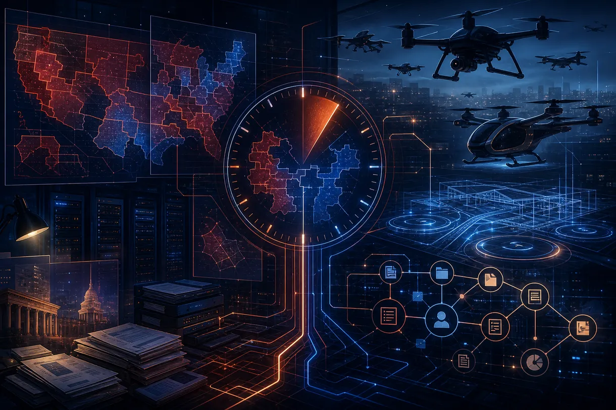Abstract editorial illustration of legal documents, redistricting maps, autonomous agents, eVTOL aircraft, and drone silhouettes layered over glowing infrastructure grids in navy, amber, and electric blue