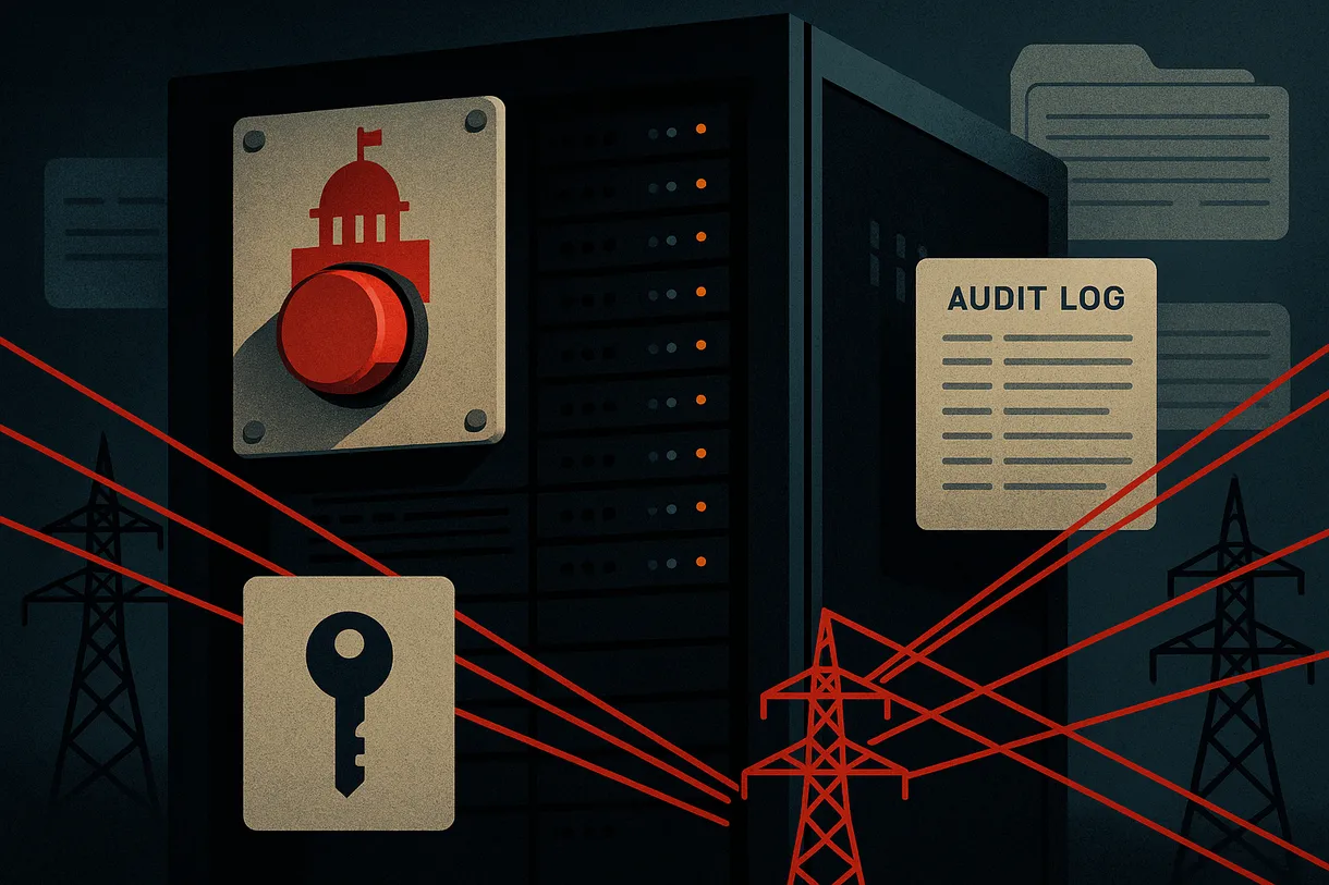Editorial illustration of a frontier model rack governed by institutional switches, audit logs, and power lines