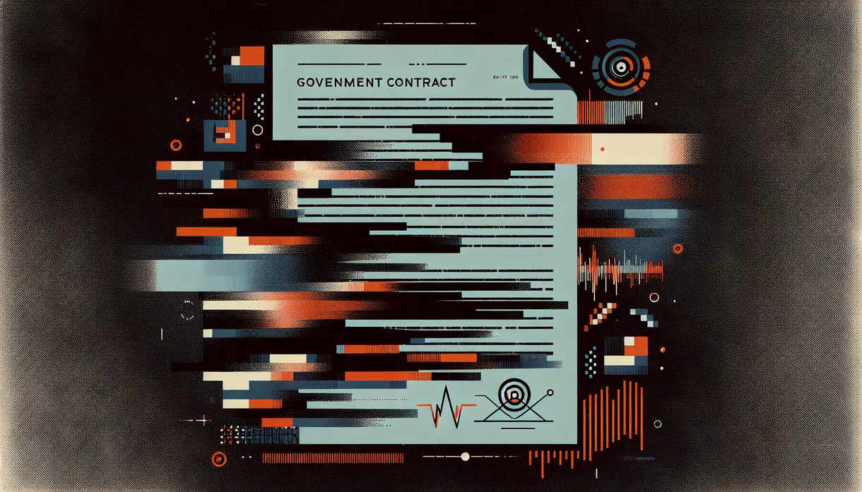 Abstract illustration of legal documents with fine print dissolving into surveillance imagery