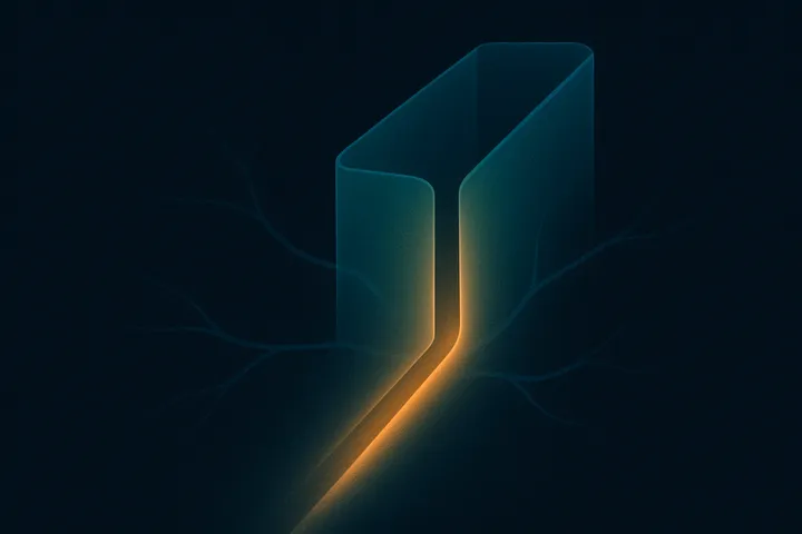 Editorial illustration of a single glowing path traveling safely inside a guarded lane while side-branches dissolve at soft barrier walls.