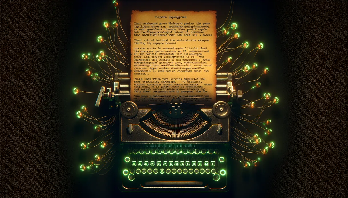 Vintage typewriter with glowing weaponized text spreading through a network of AI nodes