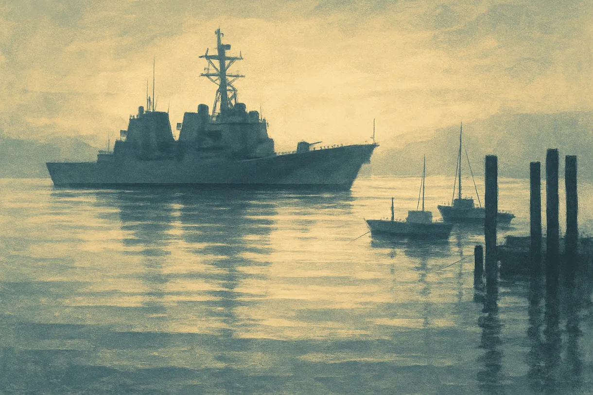 Early morning light over the water in Hampton Roads, Virginia, with a gray naval silhouette in the distance