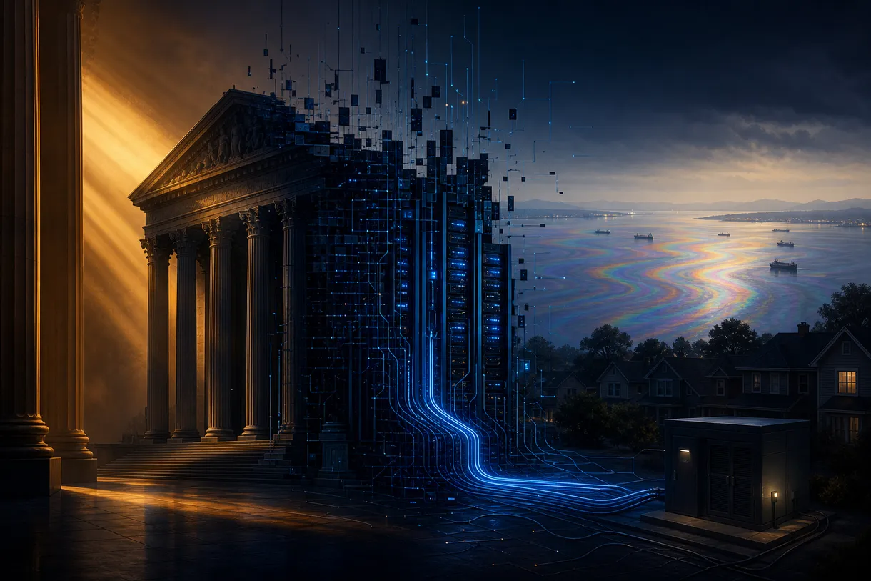 Abstract editorial illustration of a government building dissolving into server racks and glowing cable conduits, with courtroom light, suburban houses, and distant cargo ships in dark navy, amber, and electric blue