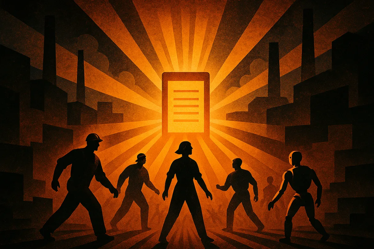 Abstract illustration of a manifesto as a beacon radiating outward, workers and AI systems converging toward shared purpose