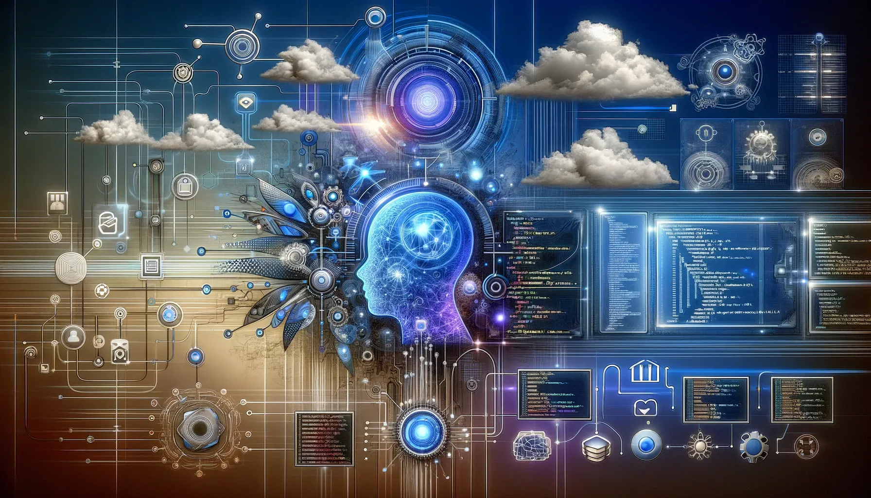 A digital artwork representing the fusion of AI and development workflows, inspired by The Culture series. The image features futuristic elements like advanced AI interfaces, sleek cloud servers, and interconnected networks. There are visual representations of AI agents interacting with users, code snippets, and user interface icons. The background includes a gradient of blues and purples, evoking a sense of depth and forward motion, with subtle nods to The Culture's utopian technology and societal harmony. The overall theme is innovative and forward-thinking, highlighting the integration of cutting-edge technology and collaborative development.