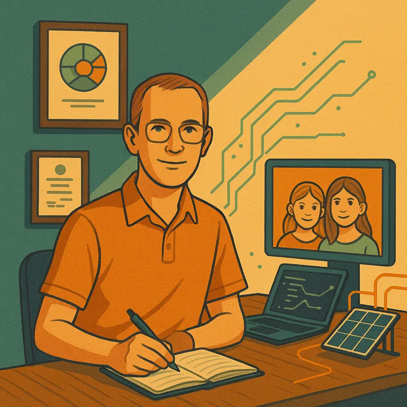 a vibrant digital illustration in a retro-futurist style showing a man at his desk with a monitor displaying two smiling girls, surrounded by circuit motifs, charts, and minimalist tech elements.