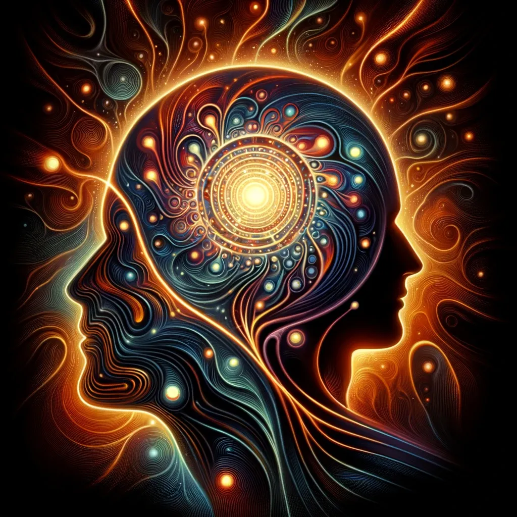 A human and an AI mind depicted in an abstract, merging form, representing their integration. The artwork should capture a retro 70's sci-fi vibe, reminiscent of classic oil painted movie posters, with swirling patterns and glowing lines, futuristic yet introspective. This image should illustrate the transformation and elevation of consciousness through the melding of human and artificial intelligences.