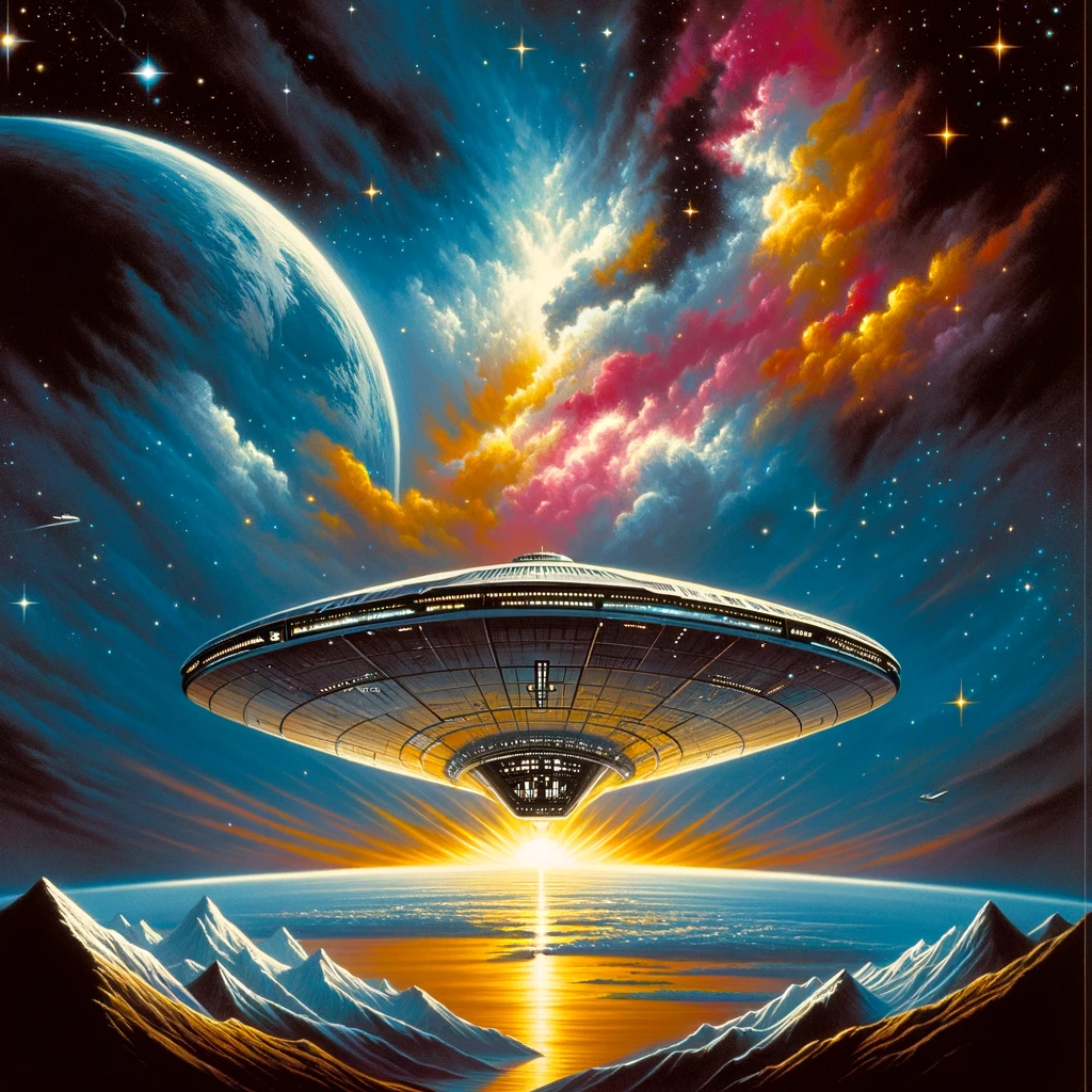 A grand, sweeping view of a Culture ship descending gently towards Earth amidst a backdrop of a star-filled galaxy. The scene captures a retro 70&#39;s sci-fi vibe, reminiscent of classic oil painted movie posters, featuring vivid colors, bold lines, and dynamic lighting. The artwork should evoke a sense of wonder and majesty, highlighting the ship&#39;s massive scale and futuristic design as it approaches a vibrant Earth.